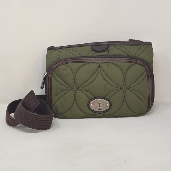 Fossil Handbags - Fossil key per olive green nylon quilted floral stiching crossbody purse bag